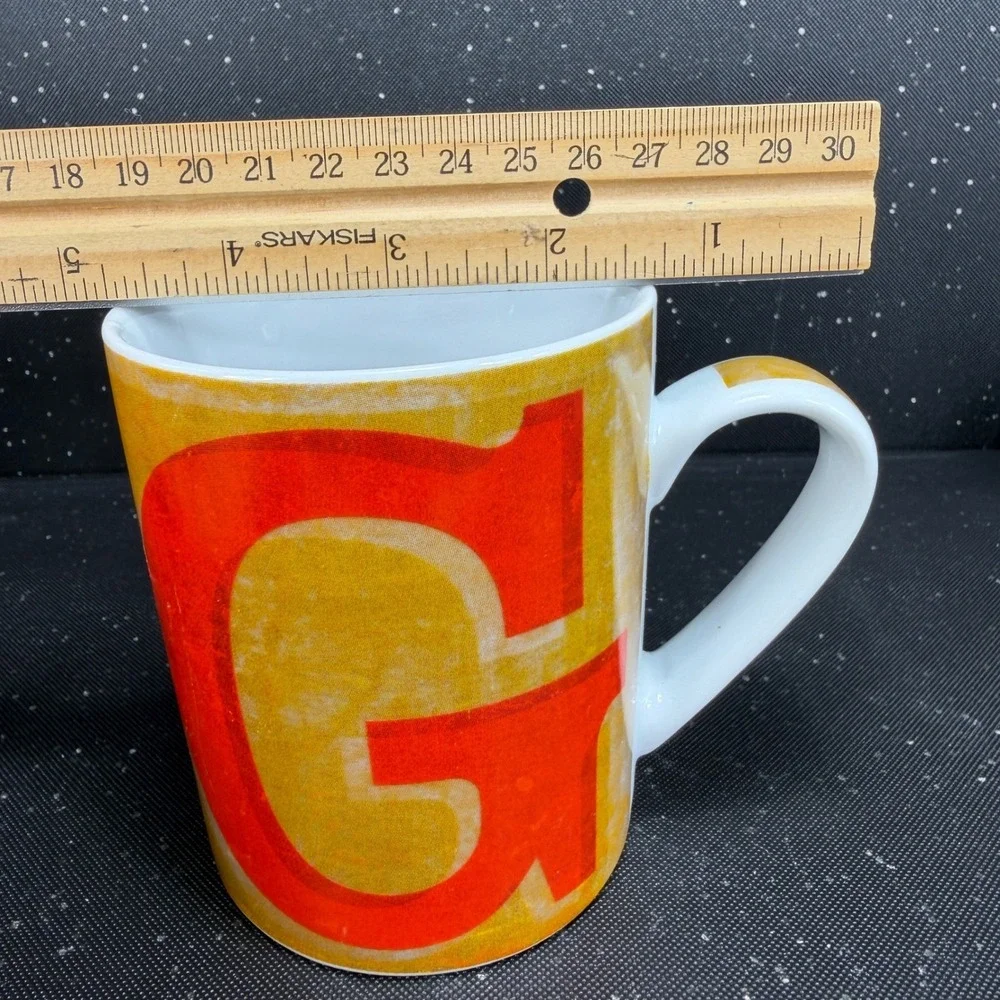 Pier 1 Porcelain Letter G Coffee Mug‎ Red Yellow Orange Monogram Initial Cup
